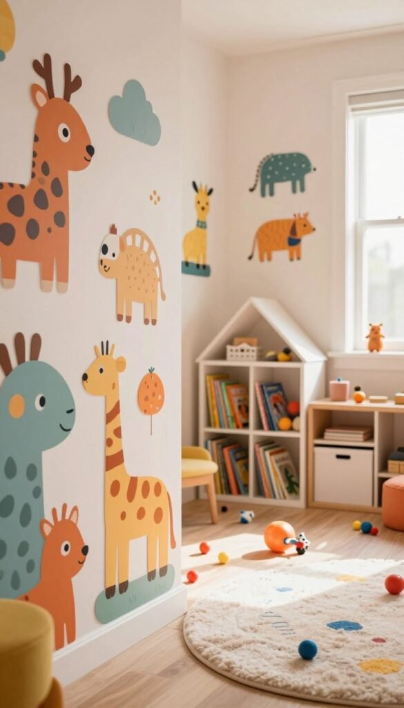 A cozy and inviting children's room, featuring playful wall decorations that reflect a fun and safe environment. In the foreground, a colorful wall adorned with cheerful animal-themed artwork and soft pastel colors, creating a whimsical atmosphere. The middle ground showcases a well-organized bookshelf filled with children's books and a plush rug where toys are scattered. In the background, a window bathes the room in warm, natural light, enhancing the inviting feel. The overall mood is vibrant and joyful, perfect for children. Ensure the design is reminiscent of stylish Pinterest layouts, showcasing items from the brand "WohnKiste." No text or logos included in the image.
