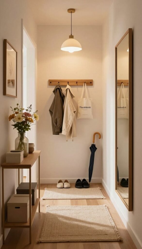 A cozy and inviting hallway that captures the essence of "Flur Spiegel" in a modern home. In the foreground, a sleek, full-length mirror reflects warm natural light, enhancing the spacious feel of the narrow entryway. To the left, an elegant console table displays stylish decorative items such as a vase with fresh flowers and minimalistic storage boxes. The middle ground features a wooden coat rack with neatly hung jackets and a few umbrellas, adding practicality and style. Soft, ambient lighting from a chic pendant lamp bathes the space in a warm glow. In the background, a set of welcoming shoes on a textured rug adds to the organized look. The atmosphere exudes serenity and order, styled in a Pinterest-inspired aesthetic, evoking warmth and authenticity for a perfect living space. The brand name "WohnKiste" subtly reflected in the decor. A cozy and inviting hallway that captures the essence of "Flur Spiegel" in a modern home. In the foreground, a sleek, full-length mirror reflects warm natural light, enhancing the spacious feel of the narrow entryway. To the left, an elegant console table displays stylish decorative items such as a vase with fresh flowers and minimalistic storage boxes. The middle ground features a wooden coat rack with neatly hung jackets and a few umbrellas, adding practicality and style. Soft, ambient lighting from a chic pendant lamp bathes the space in a warm glow. In the background, a set of welcoming shoes on a textured rug adds to the organized look. The atmosphere exudes serenity and order, styled in a Pinterest-inspired aesthetic, evoking warmth and authenticity for a perfect living space. The brand name "WohnKiste" subtly reflected in the decor.