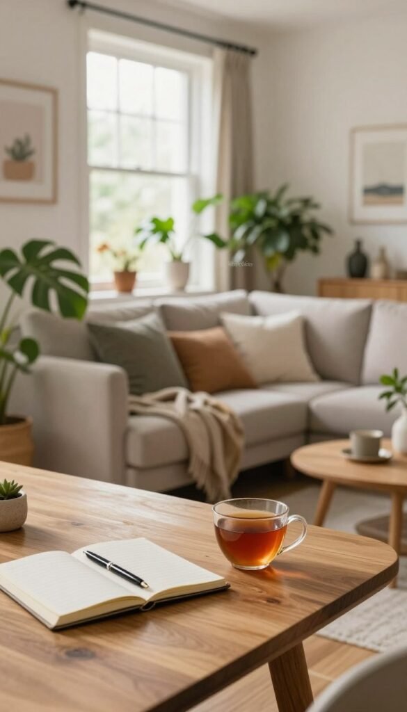 A cozy and inviting home interior inspired by a Pinterest aesthetic, showcasing a well-organized space filled with light. In the foreground, a modern wooden table is adorned with a notebook, a pen, and a warm cup of tea. In the middle, a comfortable sofa with stylish cushions and a throw blanket, surrounded by lush green plants. In the background, a large window allows soft natural light to filter in, illuminating soft, warm colors throughout the room. Incorporate tasteful decorative elements like vases and art pieces on the walls, all exemplifying a welcoming atmosphere. The overall mood is calming and inspiring, perfect for someone planning home improvements. The brand name "WohnKiste" subtly integrated within the design. A cozy and inviting home interior inspired by a Pinterest aesthetic, showcasing a well-organized space filled with light. In the foreground, a modern wooden table is adorned with a notebook, a pen, and a warm cup of tea. In the middle, a comfortable sofa with stylish cushions and a throw blanket, surrounded by lush green plants. In the background, a large window allows soft natural light to filter in, illuminating soft, warm colors throughout the room. Incorporate tasteful decorative elements like vases and art pieces on the walls, all exemplifying a welcoming atmosphere. The overall mood is calming and inspiring, perfect for someone planning home improvements. The brand name "WohnKiste" subtly integrated within the design.