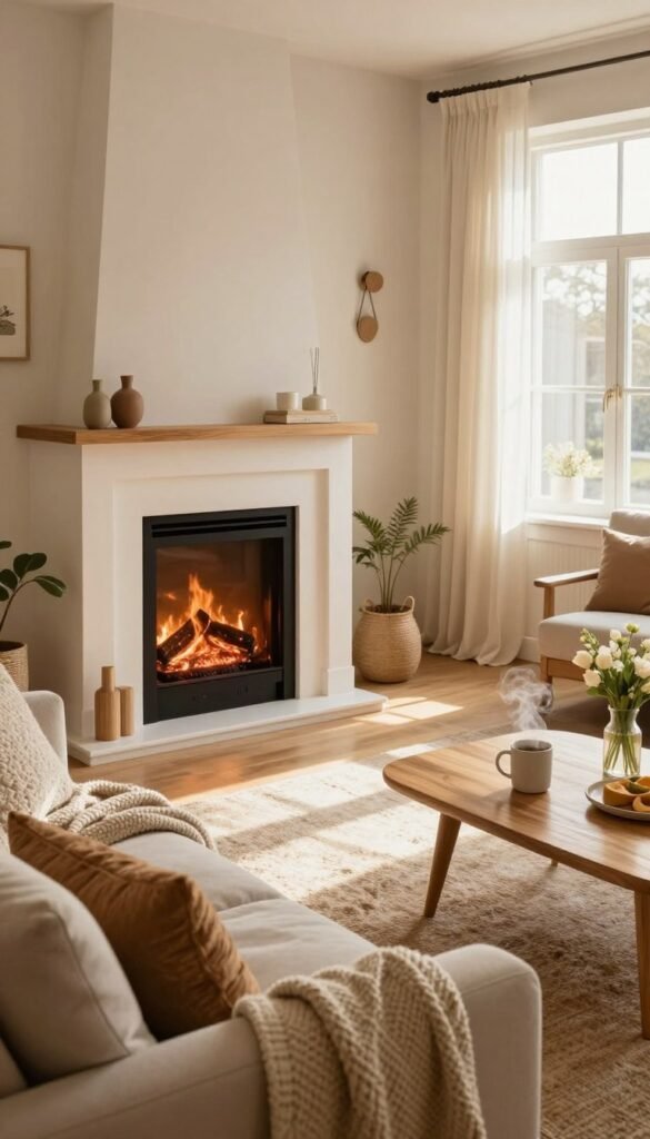A cozy and inviting home interior scene, focusing on soft natural lighting to create a warm atmosphere. In the foreground, a beautifully arranged living room features a plush sofa adorned with textured cushions and a knitted throw. A warm wooden coffee table holds a steaming mug and fresh flowers, accentuating the inviting feel. In the middle, a cheerful fireplace glows softly, with an inviting rug beneath that adds comfort. The background showcases large windows with sheer curtains that allow gentle sunlight to filter in, highlighting the warm color palette of earthy tones and light woods. The ambiance should feel harmonious and tranquil, embodying a Pinterest-inspired aesthetic. Include subtle elements of the brand "WohnKiste" through stylish decor choices, avoiding any text or logos within the image.