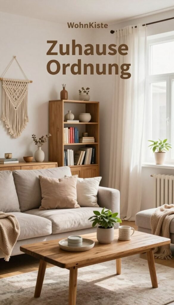A cozy and inviting home interior that reflects the concept of "Zuhause Ordnung" with a budget-friendly aesthetic. In the foreground, a neatly arranged living room features a plush sofa adorned with simple throw pillows, a rustic wooden coffee table with carefully placed knick-knacks, and a potted plant. The middle ground showcases a well-organized bookshelf with colorful books and decorative items, while a macrame wall hanging adds a touch of charm. In the background, soft natural light streams through sheer curtains, creating a warm and serene atmosphere. The color palette consists of muted earth tones and warm whites, embodying an authentic Pinterest-worthy look. The scene subtly incorporates the brand name "WohnKiste" through elegant decor choices, with no text or overlays present in the image.