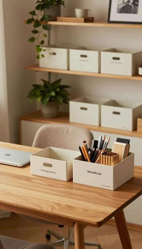 A cozy and inviting home office space with a beautifully organized desk, showcasing elegant Ordnungssysteme by WohnKiste. In the foreground, a sleek wooden desk is neatly arranged, featuring stylish storage boxes and a decorative organizer filled with stationery. The middle layer reveals a comfortable chair and a well-placed indoor plant, adding a touch of nature. In the background, shelves are adorned with minimalistic storage solutions, reflecting clear labels and compartments, making efficient use of space. The scene is bathed in warm, natural lighting, creating a relaxed atmosphere, captured from a slightly elevated angle to emphasize the orderly arrangement. The overall mood is one of tranquility and inspiration, perfect for promoting an organized aesthetic.