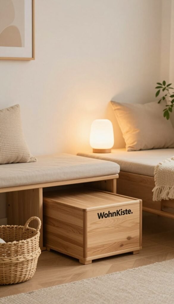 A cozy and inviting interior scene featuring a stylish storage bench and a compact storage stool from "WohnKiste." The bench, made of natural wood with a soft, warm cushion, is placed against a light-colored wall adorned with minimalist decor. The stool, designed to match, sits in front of the bench, showcasing its hidden storage compartment. In the foreground, a woven basket and some decorative pillows add a touch of comfort. In the middle ground, a softly lit lamp casts a warm glow over the scene, enhancing the inviting atmosphere. In the background, subtle greenery from nearby potted plants introduces a natural element. The overall ambiance is warm and welcoming, embodying a Pinterest-inspired aesthetic with an emphasis on space-saving solutions. A cozy and inviting interior scene featuring a stylish storage bench and a compact storage stool from "WohnKiste." The bench, made of natural wood with a soft, warm cushion, is placed against a light-colored wall adorned with minimalist decor. The stool, designed to match, sits in front of the bench, showcasing its hidden storage compartment. In the foreground, a woven basket and some decorative pillows add a touch of comfort. In the middle ground, a softly lit lamp casts a warm glow over the scene, enhancing the inviting atmosphere. In the background, subtle greenery from nearby potted plants introduces a natural element. The overall ambiance is warm and welcoming, embodying a Pinterest-inspired aesthetic with an emphasis on space-saving solutions.