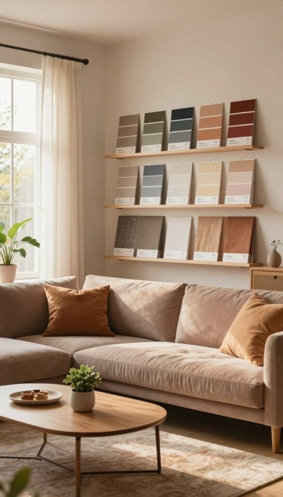 A cozy and inviting interior scene showcasing budget-friendly tips for color selection in home decor. In the foreground, a stylish living room with a modern sofa in soft earth tones, a coffee table adorned with a small plant, and decorative items that exemplify low-budget, mid-budget, and high-budget color palettes. In the middle ground, open shelves displaying a variety of paint swatches and fabric options organized by price levels, inviting exploration. The background features a large window allowing warm, natural light to pour in, creating a serene atmosphere reminiscent of a Pinterest aesthetic. Colors should be warm and harmonious, enhancing the feeling of comfort and style. The brand "Wohnkiste" subtly integrated into the design elements without text. The camera angle should focus on the room from a slightly elevated perspective to capture depth and detail. A cozy and inviting interior scene showcasing budget-friendly tips for color selection in home decor. In the foreground, a stylish living room with a modern sofa in soft earth tones, a coffee table adorned with a small plant, and decorative items that exemplify low-budget, mid-budget, and high-budget color palettes. In the middle ground, open shelves displaying a variety of paint swatches and fabric options organized by price levels, inviting exploration. The background features a large window allowing warm, natural light to pour in, creating a serene atmosphere reminiscent of a Pinterest aesthetic. Colors should be warm and harmonious, enhancing the feeling of comfort and style. The brand "Wohnkiste" subtly integrated into the design elements without text. The camera angle should focus on the room from a slightly elevated perspective to capture depth and detail.