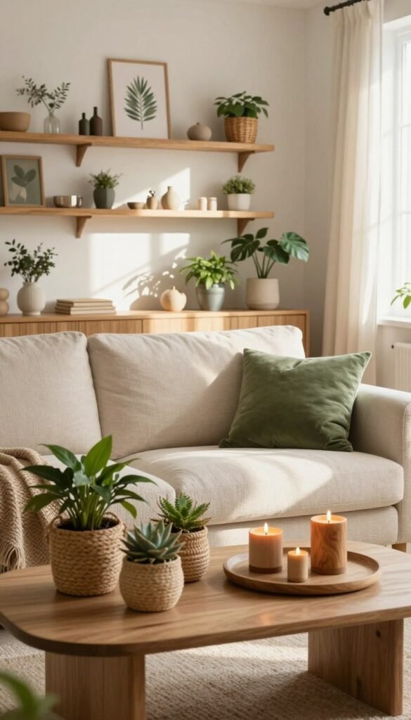 A cozy and inviting interior setting showcasing twelve natural decor ideas from WohnKiste. In the foreground, a beautifully arranged coffee table with decorative natural items such as potted plants, woven baskets, and wooden candle holders in warm earth tones. The middle layer features an airy living room with a soft, textured sofa adorned with green cushions. Natural sunlight filters through sheer curtains, creating a warm and welcoming ambiance. In the background, a wall decorated with wooden shelves displaying natural accents like framed botanical prints and handmade crafts. The overall mood is serene and harmonious, evoking a sense of tranquility and connection to nature. The image is styled to resemble a Pinterest aesthetic, enhancing the organic and authentic feel without any text or distractions.