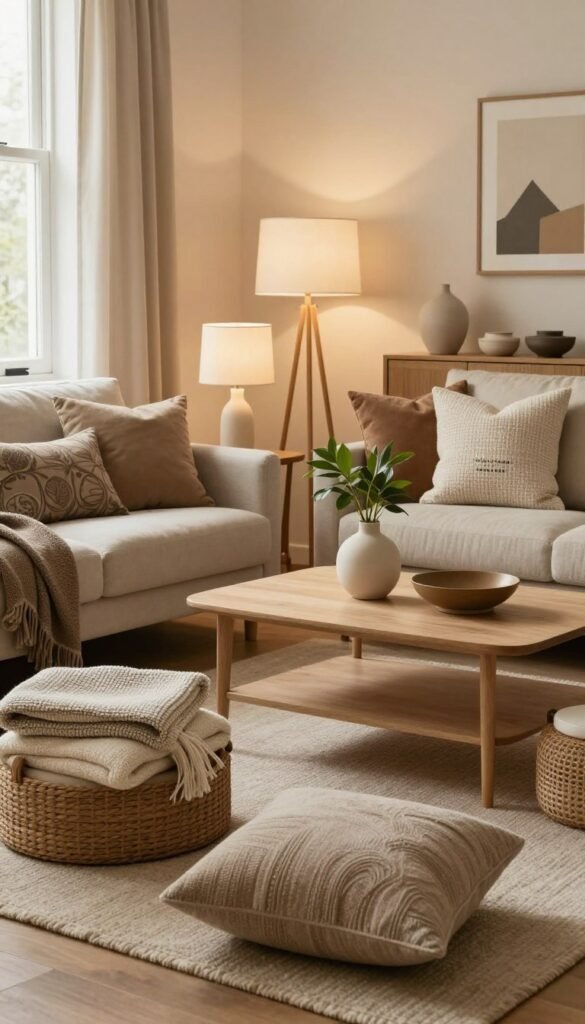 A cozy and inviting interior setting that represents key criteria for purchasing home decor: size, material, and everyday functionality. In the foreground, an elegantly arranged living space showcases various decorative items thoughtfully selected for their practical use—textiles like cushions and throws, furniture pieces showcasing different materials, and an assortment of lighting options ranging from lamps to natural light streaming through a window. The middle ground features a stylish coffee table adorned with a minimalistic vase and a plant, emphasizing natural elements. The background showcases a warm color palette reflecting Pinterest aesthetics, with soft lighting creating a welcoming ambiance. The brand "WohnKiste" subtly integrated into the scene through stylish decor items. The overall mood is serene, encouraging viewers to consider thoughtful decorating choices without clutter.