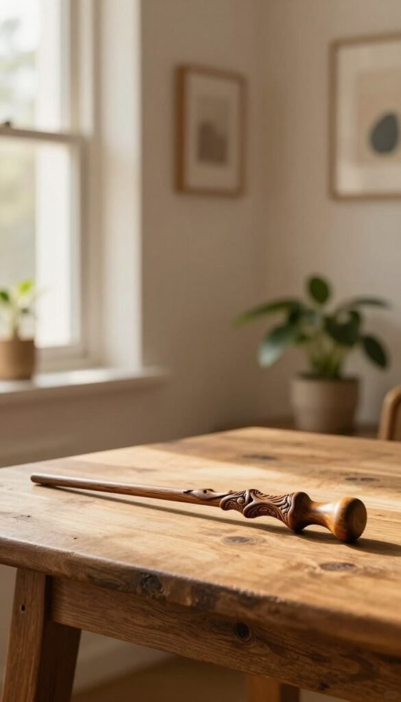 A cozy and inviting interior space featuring a beautifully crafted wooden wand placed gracefully on a rustic table. The wand is adorned with intricate carvings and a warm wooden finish, catching the soft, golden light streaming through a nearby window. In the background, a tastefully decorated wall showcases subtle, calming colors with strategically placed wall art that enhances the atmosphere. A potted plant adds a touch of greenery, providing a contrast to the warm colors. The overall mood is warm and welcoming, evoking a sense of creativity and inspiration. The image embodies the aesthetic of "WohnKiste," reflecting a Pinterest-worthy design with natural elements and a tranquil ambiance.