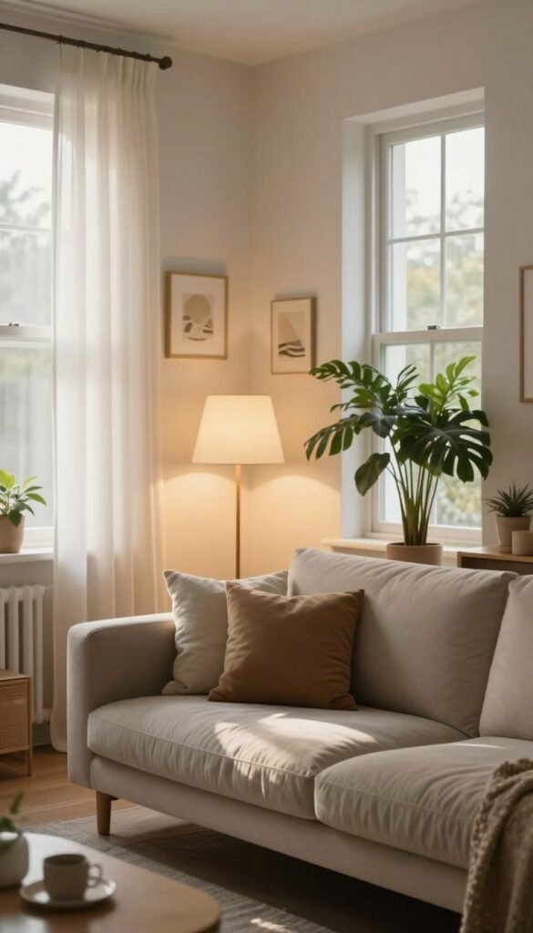 A cozy and inviting interior space that highlights the effective use of lighting. In the foreground, a stylish, modern sofa adorned with soft cushions sits under a warm, ambient floor lamp, casting a soft glow. In the middle, large windows allow natural light to flood the room, complemented by sheer curtains that diffuse the sunlight, creating an airy feel. The background features subtle wall decor and a lush indoor plant that adds life to the space. The overall atmosphere is warm and welcoming, with a color palette of soft earth tones and gentle hues, embodying a Pinterest-inspired aesthetic. The image should be well-lit, with the gentle interplay of shadows enhancing the room's depth, free of any text, branding, or markings, showcasing the essence of "WohnKiste."
