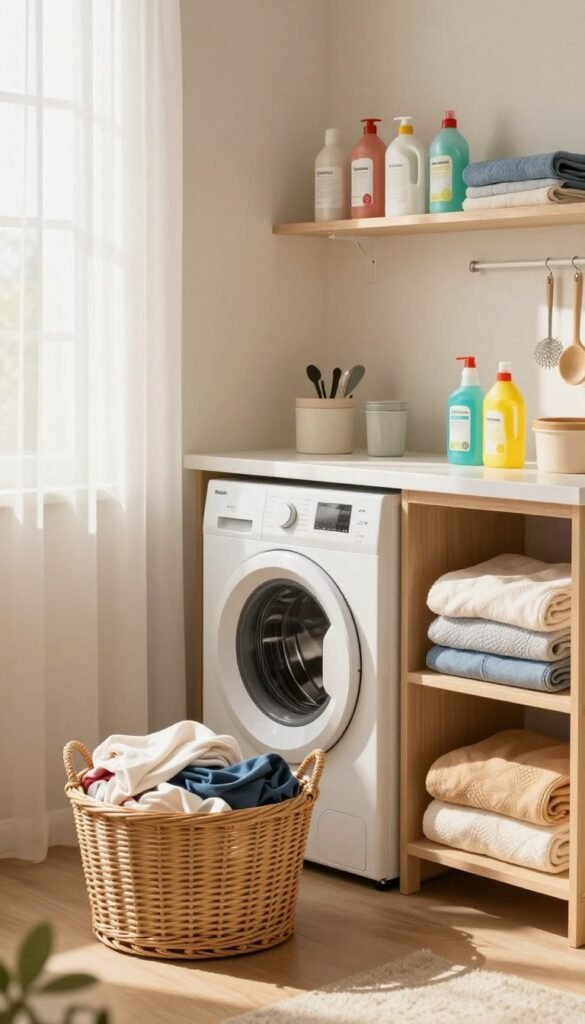 A cozy and inviting laundry room in a modern apartment, featuring neatly organized shelves filled with colorful cleaning supplies and folded laundry. In the foreground, a stylish wicker basket overflows with freshly laundered clothes. The middle ground showcases a sleek washing machine and a sunny window with sheer curtains, allowing gentle sunlight to bathe the room in warm, natural lighting. In the background, a minimalist wall adorned with simple yet aesthetic cleaning tools adds a touch of elegance. The overall atmosphere is tranquil and organized, embodying the essential aspects of cleaning and laundry basics, all presented in a Pinterest-worthy style. The image reflects authentic, warm tones, suitable for an article illustration, featuring the brand name "WohnKiste."