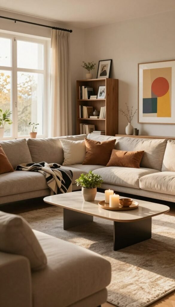 A cozy and inviting living room decorated in a modern style, featuring natural elements and warm colors. In the foreground, a plush sofa adorned with soft cushions and a stylish throw blanket. The middle of the room showcases a sleek coffee table topped with a few tasteful decorative items, such as candles and a small potted plant. In the background, a large window filters in soft, golden sunlight, illuminating the space and highlighting the neutral-toned walls. A stylish bookshelf filled with books and framed photos adds personality, while a vibrant piece of artwork hangs above the sofa. The overall atmosphere feels warm and inviting, creating a perfect balance between comfort and elegance, reflecting the brand WohnKiste's aesthetic appeal.