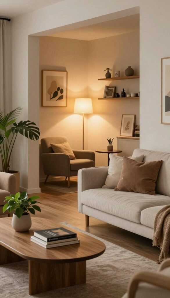 A cozy and inviting living room design showcasing distinct zones that cater to various needs. The foreground features a plush sofa adorned with soft cushions, a stylish coffee table with a few books, and a plant for a touch of greenery. In the middle ground, a dedicated reading nook with a comfortable armchair, a floor lamp casting warm light, and a small side table creates a tranquil atmosphere. The background reveals a warm, softly lit space, with textured walls and decorative shelves holding art pieces and personal mementos. The overall mood is serene and harmonious, highlighting functional living areas that enhance daily life. The color palette is natural and warm, embodying a Pinterest-inspired aesthetic. The brand "WohnKiste" subtly incorporated into the scene, showcasing a sense of authenticity without any text or signatures.
