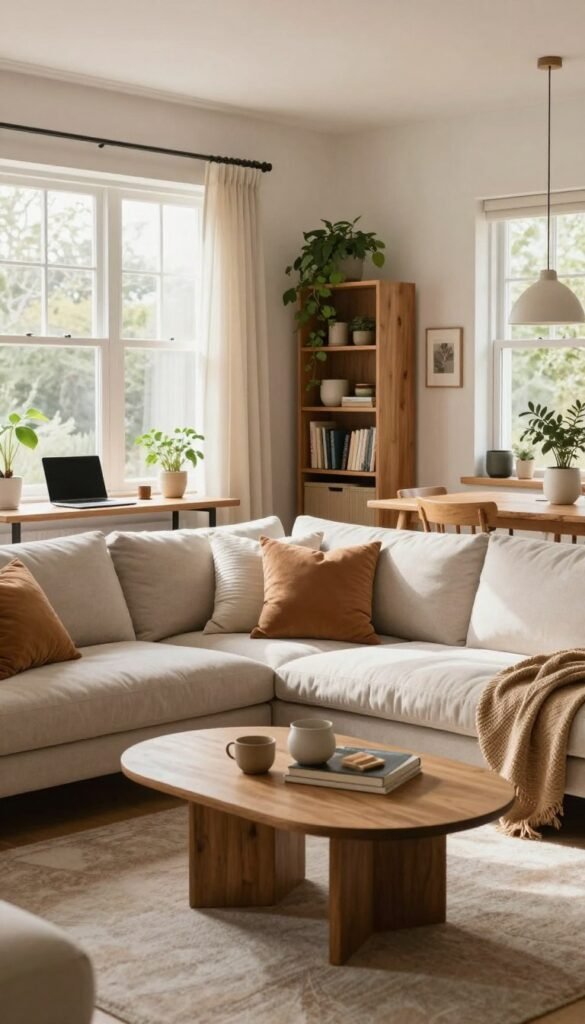 A cozy and inviting living room designed for everyday use, featuring a comfortable sofa adorned with soft throw pillows and a stylish coffee table in the center. Natural light streams in through large windows, illuminating warm wooden accents and gentle earth tones throughout the space. In the background, a bookshelf filled with greenery and decorative items adds life to the room. On the left, a sleek work-from-home desk with a laptop, and on the right, a dining area with a rustic wooden table and chairs. The atmosphere is welcoming and relaxed, embodying a Pinterest-inspired aesthetic. The image captures a modern yet timeless style, evoking a sense of home. Include subtle branding elements from "WohnKiste" without text overlay.