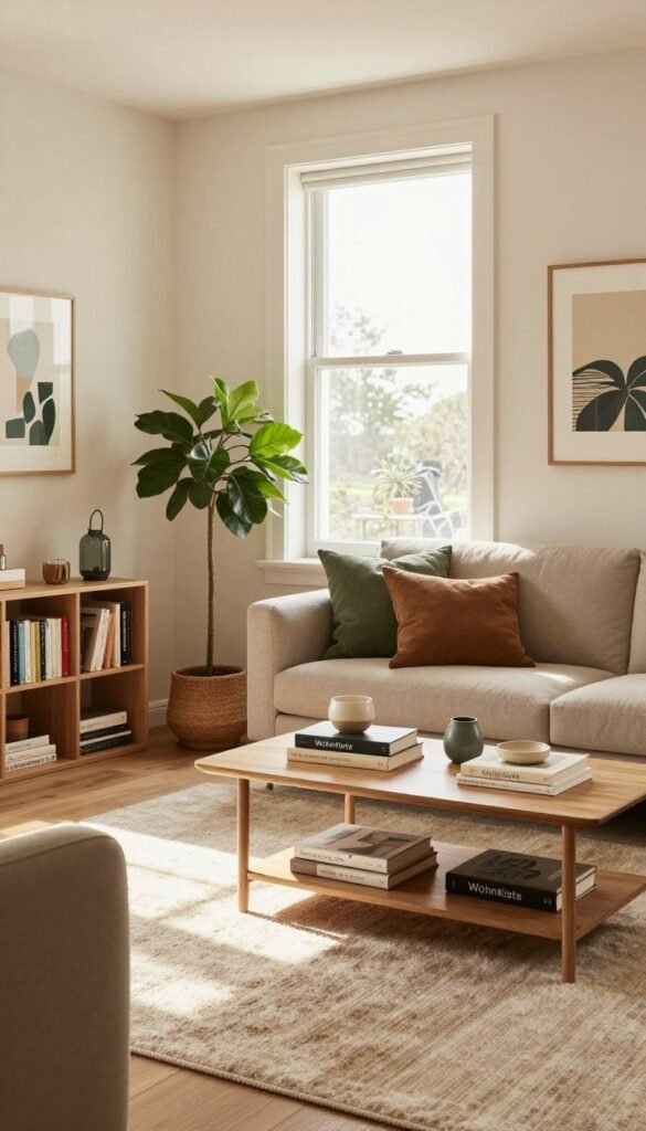 A cozy and inviting living room designed for functionality and comfort, featuring a modern, stylish arrangement with a plush sofa, a coffee table adorned with a few books and decorative items, and a warm, soft rug underfoot. In the foreground, a serene reading nook with a small bookshelf filled with various genres, alongside a potted plant adding a touch of greenery. The middle layer showcases a large window letting in abundant natural light, casting soft shadows across the room. The background includes tasteful wall art and a subtle color palette of warm beige, soft greens, and earthy tones, creating a tranquil atmosphere. This scene embodies a Pinterest-worthy aesthetic, while subtly hinting at the brand "WohnKiste" through decor choices. Lighting evokes a calm and inviting mood, perfect for reflection and decision-making about living space needs.