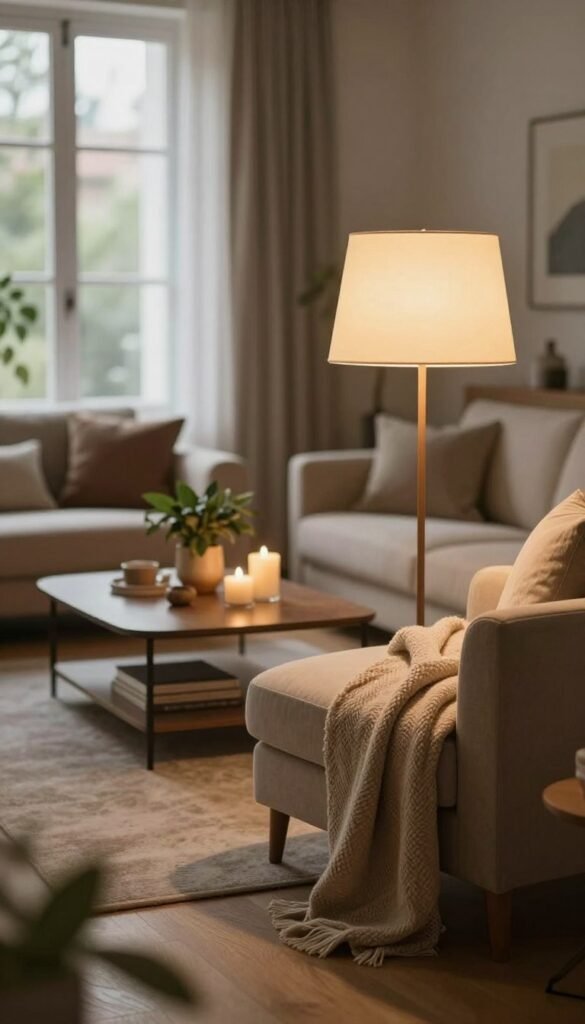 A cozy and inviting living room designed for style and comfort, featuring warm, ambient lighting that enhances the atmosphere. In the foreground, a stylish floor lamp with a soft glow illuminates a plush armchair draped in a textured throw. The middle section reveals a sophisticated coffee table adorned with decorative candles and a small, lush plant. In the background, large windows allow natural light to filter in, highlighting soft curtains. The color palette includes earthy tones and warm hues that create a harmonious environment. The setting should evoke feelings of relaxation and elegance, reflecting the brand WohnKiste with its authentic, Pinterest-inspired aesthetic. Capture this scene from a slightly angled view to emphasize depth and dimension.