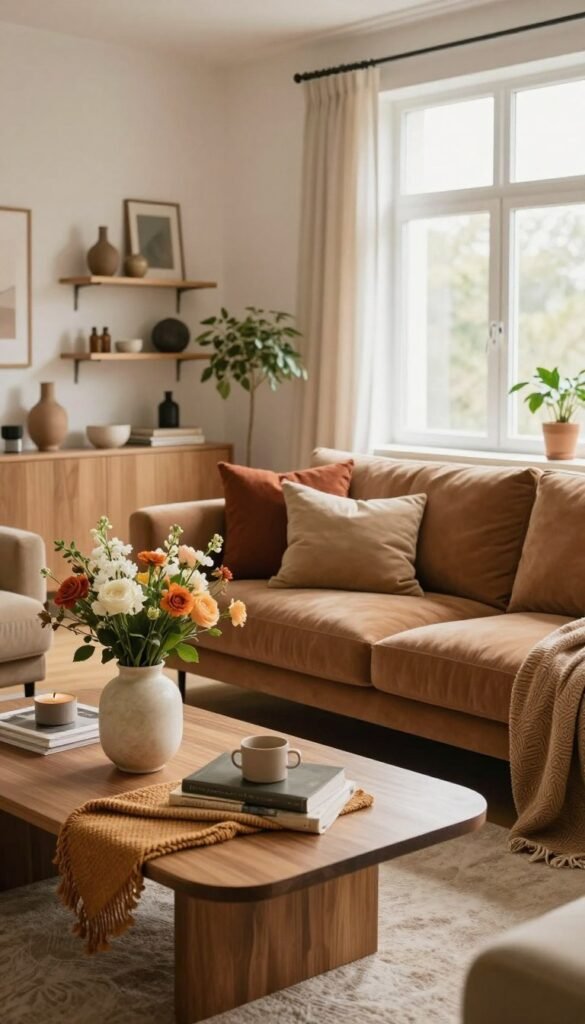 A cozy and inviting living room featuring a harmonious blend of modern decorative styles. In the foreground, a stylish coffee table adorned with warm, textured fabrics and a chic vase filled with fresh flowers. In the middle, a plush sofa in soft earth tones, paired with colorful accent pillows, creates a comfortable seating area. To one side, a decorative shelving unit showcases curated decor items, while a small indoor plant adds a touch of greenery. In the background, large windows bathe the room in natural light, highlighting the warm color palette throughout. The overall atmosphere is serene and welcoming, perfect for showcasing WohnKiste's modern decor concepts. The scene is captured from a slightly elevated angle with soft-focus lighting to enhance the inviting mood.