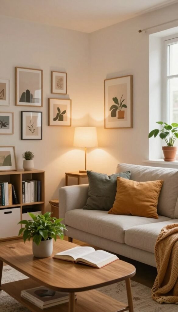 A cozy and inviting living room in a rented apartment, beautifully styled with warm, natural colors and a Pinterest-inspired aesthetic. In the foreground, feature a chic coffee table with a small plant and an open book, alongside a plush sofa adorned with colorful cushions. In the middle, include a softly lit lamp casting a warm glow, and tastefully arranged artwork on the walls that reflects personal style without requiring renovation. In the background, provide glimpses of a well-organized bookshelf and a potted plant in a sunny corner. The overall atmosphere is relaxed and harmonious, conveying a sense of comfort and creativity. The brand logo "WohnKiste" subtly integrated into the decor. Soft, natural lighting enhances the inviting feel of the space, creating a serene and homely mood.