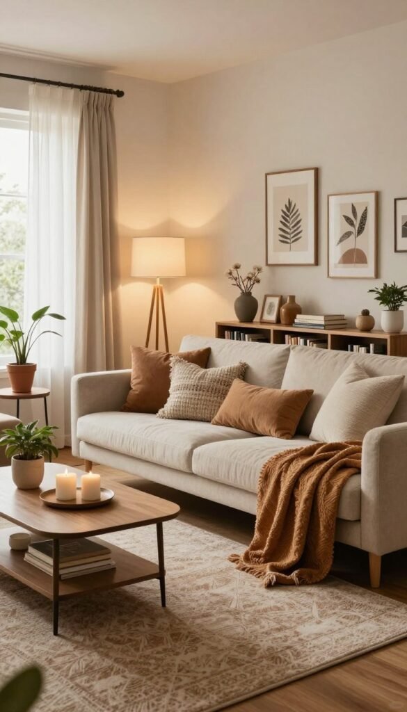 A cozy and inviting living room interior, featuring a tasteful blend of modern and rustic decor. In the foreground, a comfortable, stylish couch adorned with soft, textured cushions and a warm throw blanket. A chic coffee table with a few decorative items, including candles and a small potted plant. In the middle ground, a tasteful area rug adding comfort and warmth, surrounded by friendly ambient lighting from floor lamps and natural light filtering through sheer curtains. The walls are adorned with art pieces and decor that evoke a Pinterest aesthetic, with earthy tones and nature-inspired elements. In the background, a bookshelf filled with books and curated decor, emphasizing the room's personality. Ensure the atmosphere is warm and welcoming, perfect for everyday life, showcasing the WohnKiste brand.
