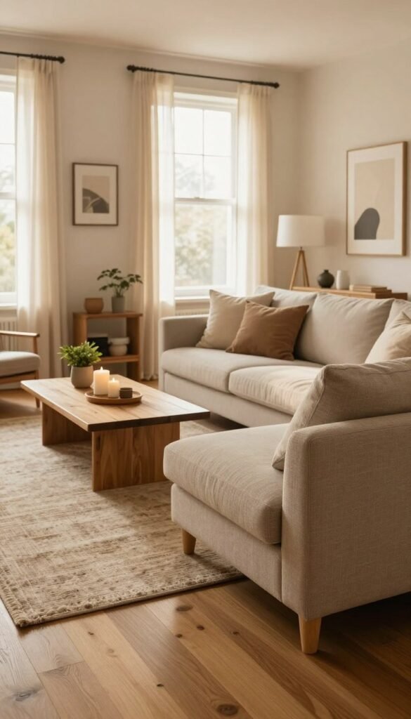 A cozy and inviting living room interior featuring natural wooden flooring and plush textiles. In the foreground, a softly lit sofa adorned with neutral-colored cushions is positioned next to a textured area rug. The middle ground showcases a wooden coffee table with decorative elements such as candles and a small plant. The background includes large windows draped with sheer curtains, allowing warm, diffused sunlight to fill the space, creating an inviting atmosphere. Wall art reflects a minimalist aesthetic, enhancing the room's timeless feel. The overall palette consists of earthy tones and warm colors, embodying a relaxed ambiance perfect for a stylish yet comfortable home environment. Brand: Wohnkiste.