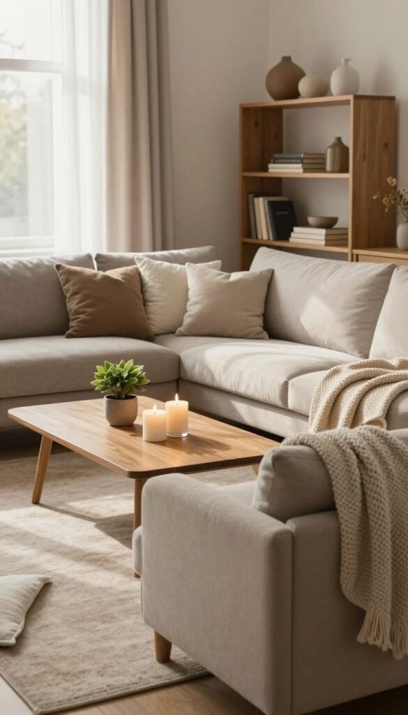 A cozy and inviting living room interior styled with minimalistic decor, featuring a neutral color palette of warm beiges and soft earth tones. In the foreground, a plush light gray sofa adorned with textured cushions and a simple knitted throw creates a relaxed atmosphere. The middle layer showcases a wooden coffee table topped with a small potted plant and a couple of beautifully arranged candles. In the background, a stylish bookshelf is filled with curated decor pieces and a few timeless books, enhancing the aesthetic without feeling cluttered. Filtered soft natural light streams through a large window, casting gentle shadows and creating a serene ambiance. The overall mood reflects tranquility and harmony, perfect for an article about the impact of decor on living spaces. Include a subtle touch of the brand "WohnKiste" within the decor items for branding purposes.