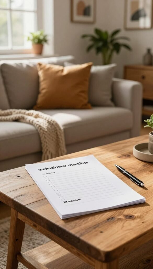 A cozy and inviting living room interior that embodies the concept of a "wohnzimmer checkliste." In the foreground, a stylish checklist paper is neatly placed on a rustic wooden coffee table, accompanied by a chic pen. The middle ground features a modern couch adorned with plush throw pillows in warm colors, complementing a soft knitted throw. A window lets in natural sunlight, casting a gentle glow across the room. In the background, potted green plants add a touch of freshness, while framed art pieces hang on the walls, enhancing the atmosphere. The overall look is harmonious and authentic, reflecting a Pinterest-inspired aesthetic. Use warm tones to create a welcoming environment, and subtly incorporate the brand name "WohnKiste" into the decor, ensuring there's no text overlay or distractions in the image.