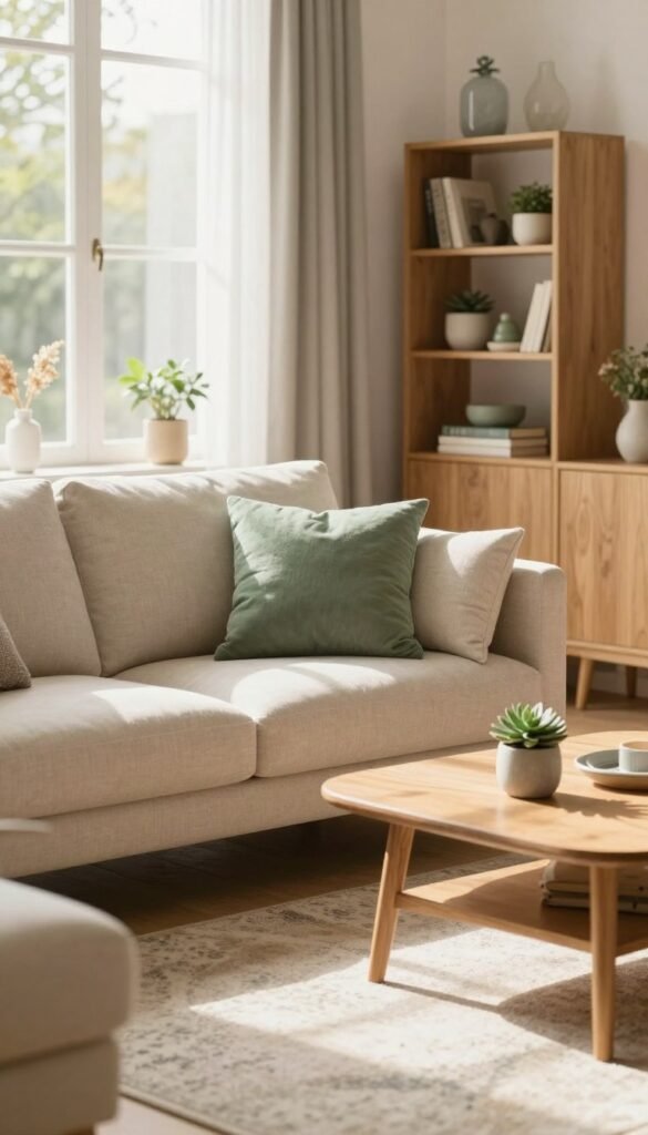 A cozy and inviting living room scene designed with a harmonious color palette featuring soft, warm hues like cream, sage green, and soft beige. In the foreground, a comfy sofa with plush cushions invites relaxation, complemented by a wooden coffee table adorned with a small succulent planter. The middle ground includes a stylish rug with subtle patterns that enhance the room's tranquility. Natural light pours in from a large window, casting gentle shadows and illuminating warm wood tones throughout the space. In the background, an elegant bookshelf filled with carefully curated decor pieces and books adds character. The atmosphere is calm and welcoming, embodying a warm and lived-in feel, with a Pinterest-worthy aesthetic. No text or logos should be visible, just a serene and beautifully arranged living space that reflects modern design sensibilities for WohnKiste.
