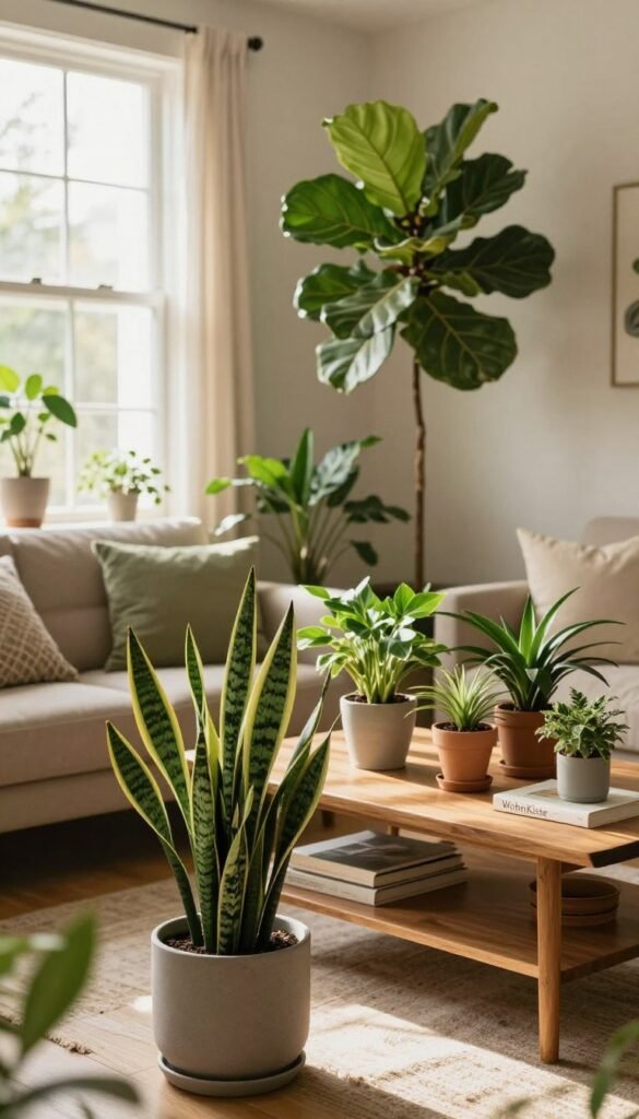 A cozy and inviting living room scene featuring an array of lush, green houseplants, showcasing the fresh look and enhanced ambiance they bring. In the foreground, a stylish indoor plant, such as a fiddle leaf fig or a snake plant, sits elegantly in a modern pot. The middle ground showcases a tasteful arrangement of smaller plants on a wooden coffee table, surrounded by warm, natural light streaming in through a large window. In the background, soft, neutral-colored walls complement the greenery, creating a harmonious atmosphere. The warm color palette invokes a comfortable, Pinterest-inspired vibe, emphasizing authenticity and tranquility. Highlight the brand "WohnKiste" subtly integrated into the room décor but free of any text or watermarks.