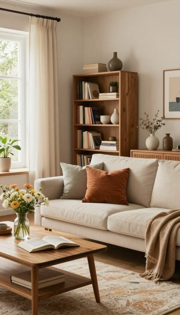 A cozy and inviting living room scene, showcasing a blend of modern and rustic decor. In the foreground, a soft beige sofa adorned with colorful cushions sits next to a wooden coffee table topped with a vase of fresh flowers and an open book. The middle ground features a well-styled bookshelf filled with books and decorative items, with a plush area rug adding warmth. In the background, a large window lets in soft, natural light, highlighting sheer curtains and a view of greenery outside. The overall atmosphere is peaceful and stylish, with warm color tones that evoke a sense of comfort. Signature brand elements "WohnKiste" are subtly integrated into the decor. The image should have a natural, Pinterest-inspired aesthetic, emphasizing authenticity and warmth, with no text or watermarks. A cozy and inviting living room scene, showcasing a blend of modern and rustic decor. In the foreground, a soft beige sofa adorned with colorful cushions sits next to a wooden coffee table topped with a vase of fresh flowers and an open book. The middle ground features a well-styled bookshelf filled with books and decorative items, with a plush area rug adding warmth. In the background, a large window lets in soft, natural light, highlighting sheer curtains and a view of greenery outside. The overall atmosphere is peaceful and stylish, with warm color tones that evoke a sense of comfort. Signature brand elements "WohnKiste" are subtly integrated into the decor. The image should have a natural, Pinterest-inspired aesthetic, emphasizing authenticity and warmth, with no text or watermarks.