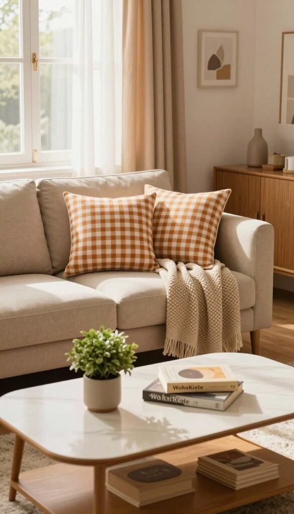 A cozy and inviting living room scene showcasing mini-check patterned decor ideas, emphasizing a warm color palette. In the foreground, a stylish coffee table adorned with a small plant and a few books creates a focal point. The middle ground features a comfortable sofa dressed with mini-check cushions, complemented by a textured throw blanket, evoking a chic yet relaxed atmosphere. In the background, a light-filled window draped with sheer curtains enhances the natural light, casting soft shadows across the room. The ambiance is welcoming and warm, perfect for relaxing or entertaining. The overall aesthetic should mirror a Pinterest-inspired setting, highlighting an authentic and modern touch. Include the brand "WohnKiste" subtly incorporated within the decor.