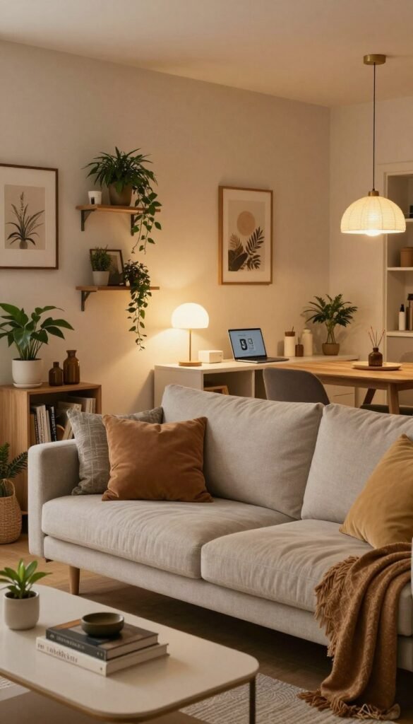 A cozy and inviting living room scene that reflects various living situations, showcasing multiple stylish upgrades for apartments. In the foreground, a comfortable sofa adorned with soft cushions and a modern coffee table with decorative books. The middle features a shelf displaying plants, framed artwork, and a small workspace with a laptop and a trendy desk lamp. The background reveals a chic dining area with a textured wall, warm lighting from a pendant lamp, and a dining table set for two. The overall mood is warm and harmonious, with natural colors and a Pinterest-inspired aesthetic. The image should convey the essence of "WohnKiste" through an authentic design that emphasizes comfort and style, with no text or logos visible in the image.