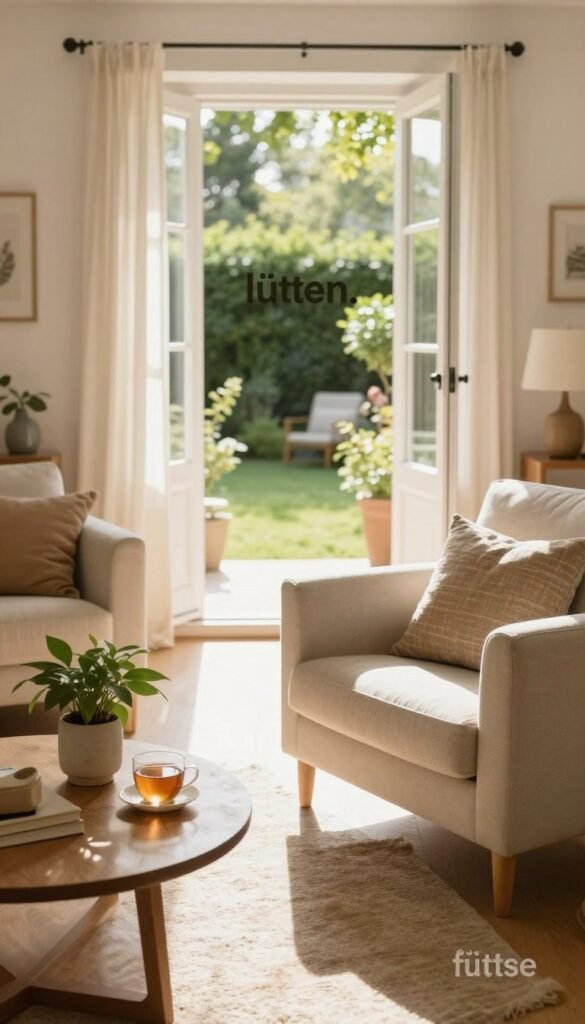 A cozy and inviting living room scene with sunlight streaming through a large open window, showcasing the concept of "lüften." In the foreground, a comfortable armchair is positioned next to a wooden coffee table adorned with a stylish plant and a cup of tea. The middle ground features a bright, airy space with a light-colored sofa and tasteful decorative elements that enhance the warm atmosphere. The background reveals a glimpse of a lush green garden outside the window, adding a touch of nature. The lighting is soft and warm, reminiscent of a pleasant afternoon, creating a sense of comfort and tranquility. The overall aesthetic should reflect a Pinterest-inspired home improvement vibe, emphasizing authenticity and warmth. Include subtle branding for "WohnKiste" in the decor.