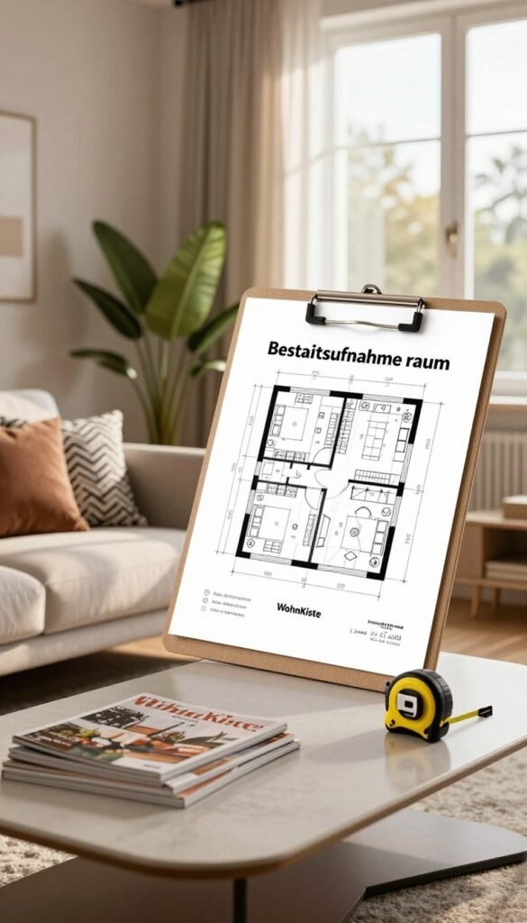A cozy and inviting living room setup featuring a detailed "Bestandsaufnahme raum" layout. In the foreground, include a stylish, modern sofa with decorative cushions and a sleek coffee table adorned with a few magazines. The middle ground showcases a floor plan sketch on a clipboard, along with a measuring tape and a stylish plant, indicating a planning phase. In the background, a softly lit room with warm, natural colors displays a large window allowing gentle sunlight to stream in, casting soft shadows. The overall atmosphere is calm and organized, ideal for a home design project. The aesthetic should resonate with the Pinterest look, highlighting the brand "WohnKiste" subtly in the composition, without any text or overlays. The angle should be slightly elevated, capturing the essence of a space ready for thoughtful design.
