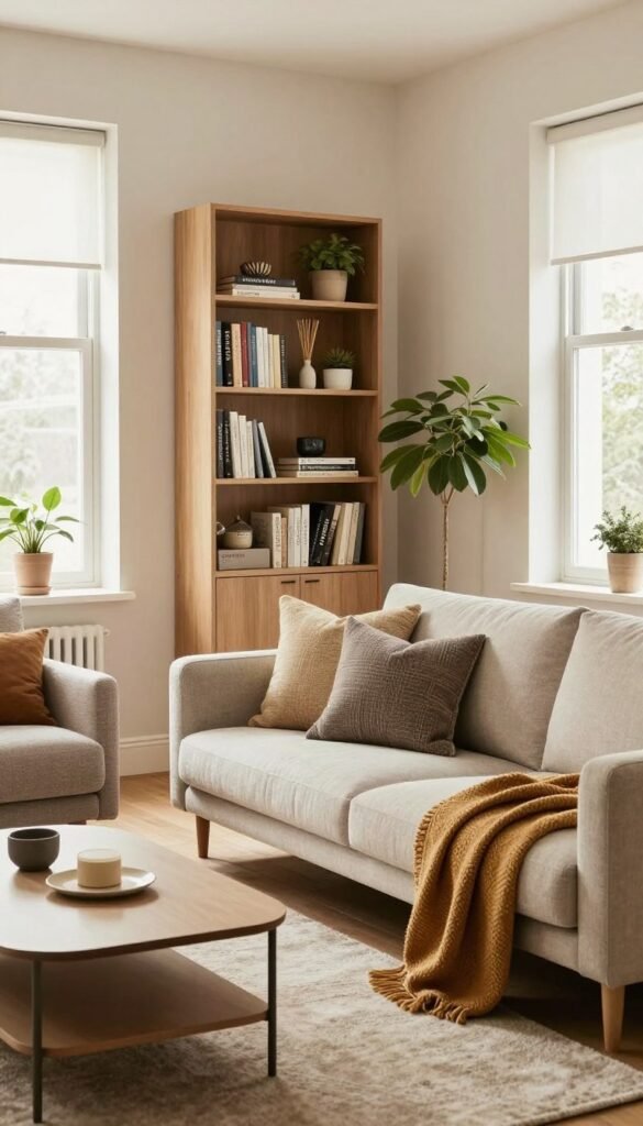 A cozy and inviting living room showcasing functional design, focusing on a well-organized space with a modern aesthetic. In the foreground, a comfortable sofa adorned with textured cushions and a warm throw, complemented by a sleek coffee table with minimalist design. The middle ground features a stylish bookshelf filled with neatly arranged books and decorative items, alongside a small indoor plant for a touch of nature. In the background, large windows allow soft natural light to flood the room, highlighting warm color tones. The overall atmosphere is serene and practical, embodying the modern Pinterest-inspired lifestyle. The brand name "WohnKiste" can be subtly integrated into the decor elements, evoking a sense of authenticity without text overlays.