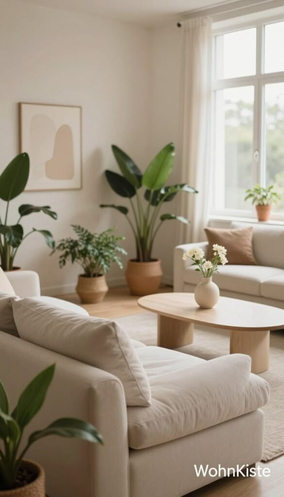 A cozy and inviting living room showcasing minimalistic decor. In the foreground, a sleek, light-colored couch with soft, textured cushions sits, surrounded by a few strategically placed potted plants to add a touch of greenery. In the middle ground, a stylish coffee table presents a single minimalist vase with delicate flowers, promoting a serene atmosphere. The background features warm, natural light streaming through large windows, giving a bright and airy feel to the space. The walls are painted in soft, neutral tones, adorned only with a single piece of abstract art to avoid clutter. The composition should convey tranquility and balance, embodying the aesthetic of "WohnKiste" with a Pinterest-inspired look. The image should maintain a warm color palette, focusing on authenticity and harmony without any text or overlays. A cozy and inviting living room showcasing minimalistic decor. In the foreground, a sleek, light-colored couch with soft, textured cushions sits, surrounded by a few strategically placed potted plants to add a touch of greenery. In the middle ground, a stylish coffee table presents a single minimalist vase with delicate flowers, promoting a serene atmosphere. The background features warm, natural light streaming through large windows, giving a bright and airy feel to the space. The walls are painted in soft, neutral tones, adorned only with a single piece of abstract art to avoid clutter. The composition should convey tranquility and balance, embodying the aesthetic of "WohnKiste" with a Pinterest-inspired look. The image should maintain a warm color palette, focusing on authenticity and harmony without any text or overlays.