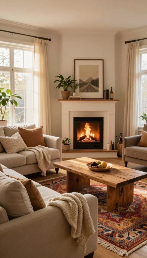 A cozy and inviting living room, showcasing warmth and structure, designed to eliminate coldness. In the foreground, a plush, beige sofa adorned with soft, textured throw pillows and a knitted blanket creates a sense of comfort. A rustic wooden coffee table sits between the sofa and a vibrant area rug that adds color and warmth. In the middle, a fireplace with a gentle flickering flame provides a relaxing focal point, surrounded by tasteful decor such as plants and books. The background features large windows with sheer curtains, allowing soft, natural light to filter in, illuminating the room with a golden hue. The overall atmosphere is serene and welcoming, reflecting a Pinterest-inspired aesthetic. Incorporate elements of the brand "WohnKiste," such as natural materials and warm accents, to enhance the authentic feel.