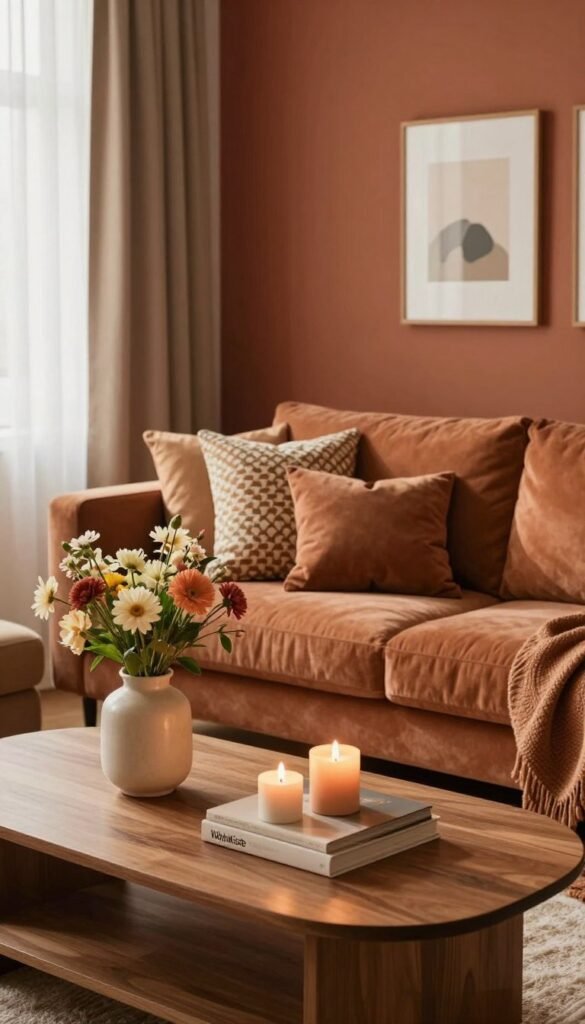 A cozy and inviting living room that showcases the impact of color in interior design. In the foreground, a beautifully arranged coffee table with stylish decor items, such as a vase with fresh flowers and warm-toned candles. The middle ground features a plush sofa adorned with patterned cushions in earthy colors, harmonizing with the warm wall hues. The background displays a wall painted in a rich terracotta, accented by simple artwork that enhances the color scheme. Soft natural lighting filters through sheer curtains, creating a serene atmosphere. The image should have a modern Pinterest-inspired aesthetic, devoid of any text or branding elements, while subtly incorporating the logo "WohnKiste" in the decor items. Capture the essence of a transformative space through warm tones and inviting textures.