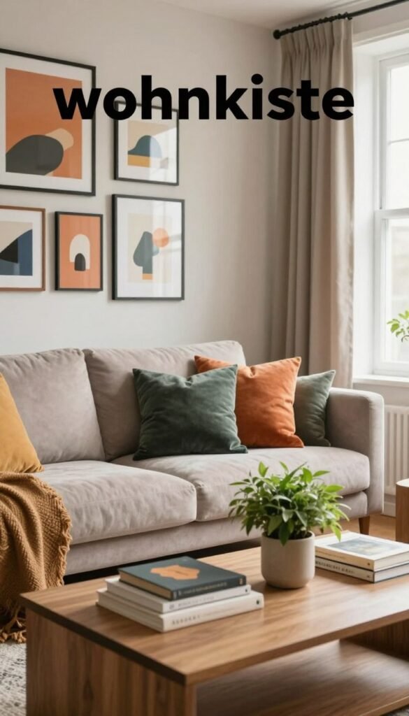 A cozy and inviting living room transformation featuring modern, stylish decor that reflects the concept of "wohnkiste". In the foreground, a beautifully arranged coffee table adorned with decorative books and a small potted plant. In the middle, a plush sofa with colorful throw pillows, perfectly placed for comfort and style. The background showcases a tastefully designed gallery wall with framed artwork in warm, inviting colors, adding a personal touch. Soft, natural lighting filters through a large window, creating a serene atmosphere. The overall mood is one of effortless elegance and creativity, emphasizing quick and impactful changes for a stunning apartment makeover. The image should capture the essence of a Pinterest-inspired interior without any text or branding overlays.