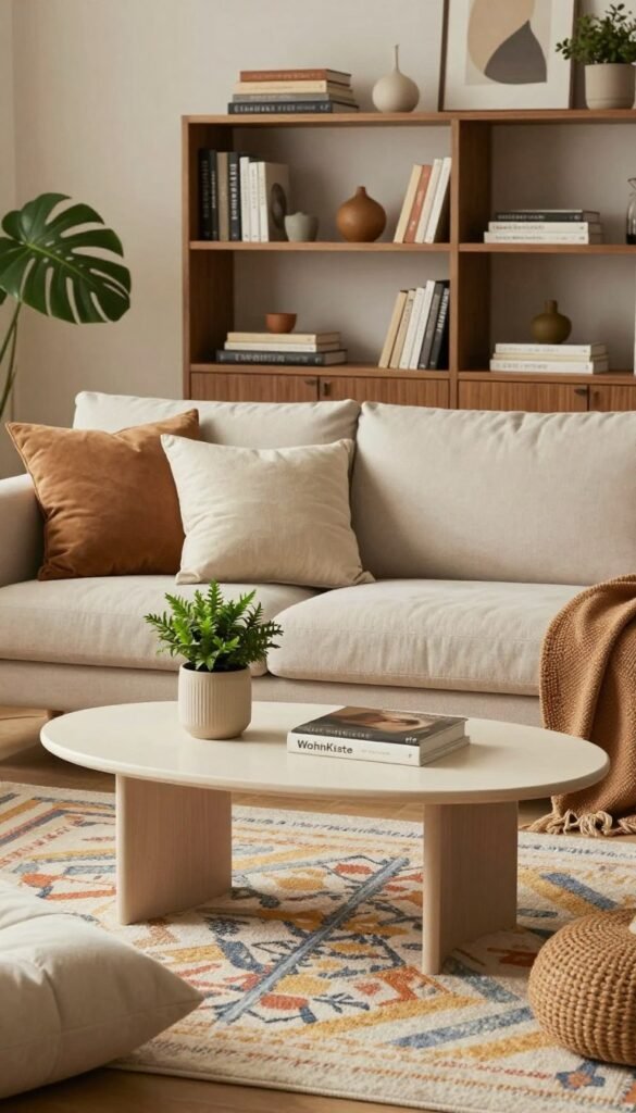 A cozy and inviting living space depicted with harmonious decor ideas reflecting different budget ranges. In the foreground, showcase a stylish, budget-friendly low-budget furniture piece, like a minimalist coffee table from "WohnKiste," surrounded by a few affordable decorative items such as soft cushions and plants. In the middle ground, present a mid-range comfortable sofa with elegant throw pillows and a chic, colorful rug, suggesting a well-thought-out design. The background features a high-end modern bookshelf filled with decorative books and art pieces, conveying sophistication. Soft, warm lighting enhances the natural colors of the decor, creating a Pinterest-inspired aesthetic. The entire image should evoke a sense of warmth, authenticity, and stylish comfort without any text or overlays.