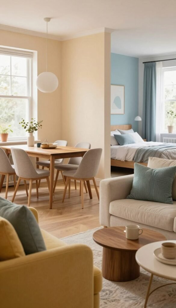 A cozy and inviting living space designed by Wohnkiste, showcasing various color concepts tailored for each room. In the foreground, display a serene sitting area with warm beige walls and soft yellow accents. Include a stylish couch adorned with textured pillows in shades of green and blue. In the middle, feature a dining area with a rich wooden table surrounded by comfortable chairs, illuminated by soft, ambient lighting that highlights the subtle pastel tones on the walls. In the background, a peaceful bedroom exudes tranquility with a calming palette of light blues and whites, accented with warm wooden elements. The overall atmosphere is harmonious and aesthetically pleasing, reflecting a Pinterest-worthy interior design, with natural light pouring in through large windows, creating a warm, inviting glow. A cozy and inviting living space designed by Wohnkiste, showcasing various color concepts tailored for each room. In the foreground, display a serene sitting area with warm beige walls and soft yellow accents. Include a stylish couch adorned with textured pillows in shades of green and blue. In the middle, feature a dining area with a rich wooden table surrounded by comfortable chairs, illuminated by soft, ambient lighting that highlights the subtle pastel tones on the walls. In the background, a peaceful bedroom exudes tranquility with a calming palette of light blues and whites, accented with warm wooden elements. The overall atmosphere is harmonious and aesthetically pleasing, reflecting a Pinterest-worthy interior design, with natural light pouring in through large windows, creating a warm, inviting glow.