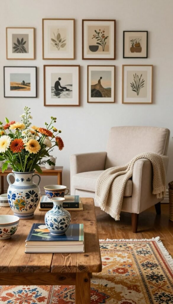 A cozy and inviting living space featuring a beautifully arranged display of cherished items that reflect personal style. In the foreground, a rustic wooden table adorned with colorful vintage ceramics, an elegant vase of fresh flowers, and a few well-loved books. In the middle, a comfortable armchair upholstered in soft fabric, with a knitted throw blanket draped casually over it. A stylish rug in warm tones pulls the space together. The background includes a gallery wall of framed art pieces, showcasing various styles that add character and warmth to the room. The lighting is soft and natural, creating a serene atmosphere reminiscent of a Pinterest aesthetic. This image embodies the essence of "Wohnkiste," emphasizing authenticity and warmth without any text or watermarks. A cozy and inviting living space featuring a beautifully arranged display of cherished items that reflect personal style. In the foreground, a rustic wooden table adorned with colorful vintage ceramics, an elegant vase of fresh flowers, and a few well-loved books. In the middle, a comfortable armchair upholstered in soft fabric, with a knitted throw blanket draped casually over it. A stylish rug in warm tones pulls the space together. The background includes a gallery wall of framed art pieces, showcasing various styles that add character and warmth to the room. The lighting is soft and natural, creating a serene atmosphere reminiscent of a Pinterest aesthetic. This image embodies the essence of "Wohnkiste," emphasizing authenticity and warmth without any text or watermarks.
