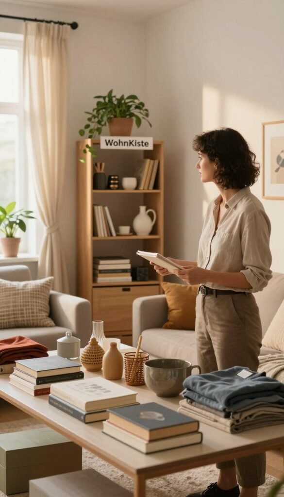 A cozy and inviting living space showcasing an array of neatly organized items ready to be donated or sold. In the foreground, a well-arranged table features household items like books, clothes, and decorative pieces, all in warm, natural colors. In the middle ground, a stylishly decorated corner reveals a shelf labeled "WohnKiste," where additional items await their new homes. The background showcases a sunlit room with soft, flowing curtains and plants enhancing the atmosphere. The lighting is warm and welcoming, casting gentle shadows that create an inviting ambiance. A professional and modestly dressed individual stands thoughtfully, evaluating the items, embodying a mood of determination and positivity as they embrace decluttering. A cozy and inviting living space showcasing an array of neatly organized items ready to be donated or sold. In the foreground, a well-arranged table features household items like books, clothes, and decorative pieces, all in warm, natural colors. In the middle ground, a stylishly decorated corner reveals a shelf labeled "WohnKiste," where additional items await their new homes. The background showcases a sunlit room with soft, flowing curtains and plants enhancing the atmosphere. The lighting is warm and welcoming, casting gentle shadows that create an inviting ambiance. A professional and modestly dressed individual stands thoughtfully, evaluating the items, embodying a mood of determination and positivity as they embrace decluttering.