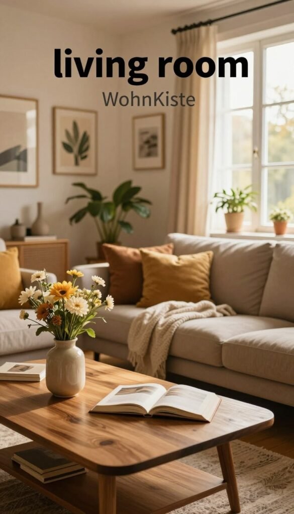 A cozy and inviting living space that creatively showcases the concept of "living room" with an emphasis on warmth and authenticity. In the foreground, a stylish wooden coffee table adorned with a tasteful vase of fresh flowers and open books creates a welcoming atmosphere. The middle ground features a comfortable sofa with soft, textured cushions and a light throw, set against a wall decorated with inspiring artwork and plants. The background displays large windows allowing natural light to stream in, illuminating the room with golden highlights. The color palette consists of warm earth tones, enhancing the cozy mood. Use a wide-angle lens to capture the depth of the space and create an inviting scene. Incorporate elements that reflect the brand "WohnKiste," suggesting innovative use of space while evoking a Pinterest-inspired aesthetic.