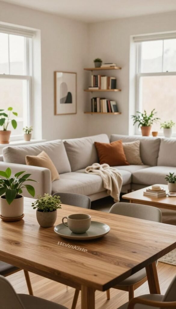 A cozy and inviting living space that reflects modern design ideas without renovation. In the foreground, a stylish wooden table adorned with natural elements like plants and decorative items, creating a warm atmosphere. The middle layer features a sleek sofa with neutral tones, paired with colorful cushions, and a soft throw blanket. On the walls, subtle artwork and shelves filled with books add personality. In the background, large windows allow soft natural light to flood the room, highlighting the warm color palette. The overall mood is relaxed and organized, showcasing a blend of functionality and aesthetic appeal. Capture the essence of modern living with a Pinterest-inspired look, emphasizing authenticity and warmth, branded subtly with "WohnKiste."