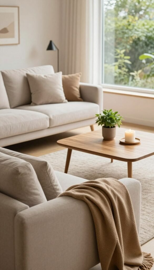 A cozy and inviting modern living room designed with a minimalist approach, showcasing functional furniture that optimizes space. In the foreground, a stylish, neutral-colored sofa is adorned with a few carefully chosen throw pillows and a warm, textured throw blanket. In the middle, a sleek wooden coffee table holds a small potted plant and a decorative candle, emphasizing simple elegance. In the background, a soft, light-filled window reveals lush greenery outside, adding a touch of nature. The entire setting is bathed in warm, natural light, creating a peaceful atmosphere. This scene reflects the brand 'WohnKiste' with a soft Pinterest aesthetic, focusing on authentic, stylish decor without text or distractions. A cozy and inviting modern living room designed with a minimalist approach, showcasing functional furniture that optimizes space. In the foreground, a stylish, neutral-colored sofa is adorned with a few carefully chosen throw pillows and a warm, textured throw blanket. In the middle, a sleek wooden coffee table holds a small potted plant and a decorative candle, emphasizing simple elegance. In the background, a soft, light-filled window reveals lush greenery outside, adding a touch of nature. The entire setting is bathed in warm, natural light, creating a peaceful atmosphere. This scene reflects the brand 'WohnKiste' with a soft Pinterest aesthetic, focusing on authentic, stylish decor without text or distractions.