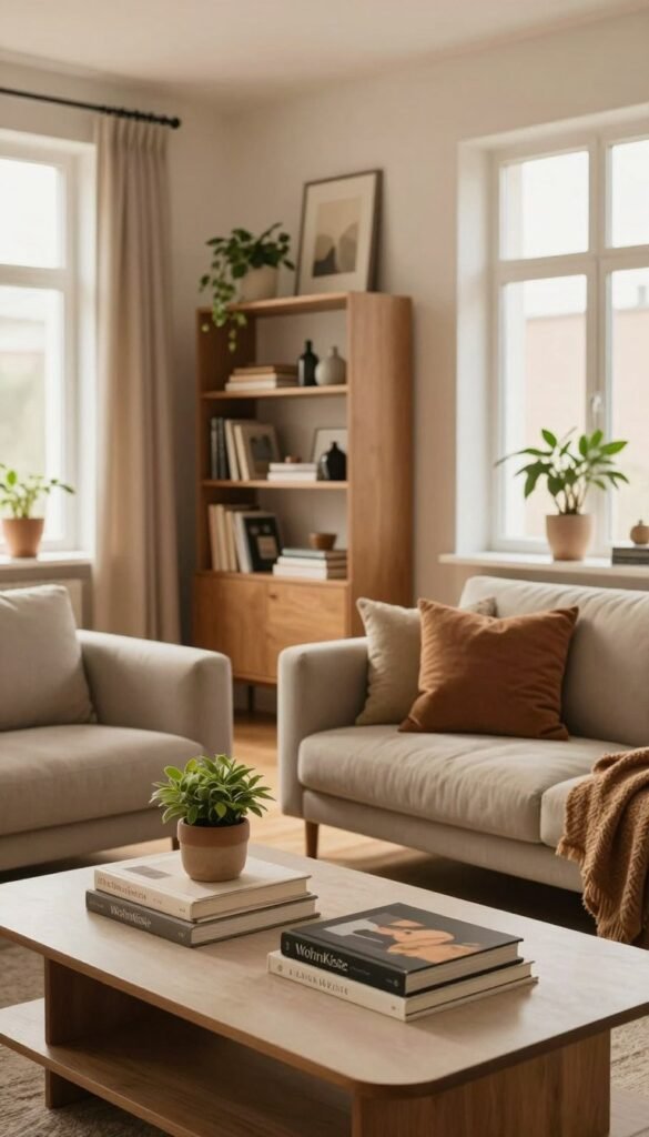 A cozy and inviting modern living space featuring a beautifully structured apartment layout. In the foreground, a stylish coffee table is adorned with a neatly arranged set of home decor books and a small potted plant. The middle ground showcases a minimalist sofa with plush cushions, alongside a sleek, functional bookshelf stocked with artful objects and plant life. In the background, large windows allow soft, warm natural light to fill the room, creating an airy ambiance. The color palette consists of warm earthy tones, providing a Pinterest-inspired aesthetic that feels both trendy and accessible. The scene reflects a perfect blend of functionality and comfort, ideal for a home, emphasizing the brand "WohnKiste" without any text or logos. A cozy and inviting modern living space featuring a beautifully structured apartment layout. In the foreground, a stylish coffee table is adorned with a neatly arranged set of home decor books and a small potted plant. The middle ground showcases a minimalist sofa with plush cushions, alongside a sleek, functional bookshelf stocked with artful objects and plant life. In the background, large windows allow soft, warm natural light to fill the room, creating an airy ambiance. The color palette consists of warm earthy tones, providing a Pinterest-inspired aesthetic that feels both trendy and accessible. The scene reflects a perfect blend of functionality and comfort, ideal for a home, emphasizing the brand "WohnKiste" without any text or logos.