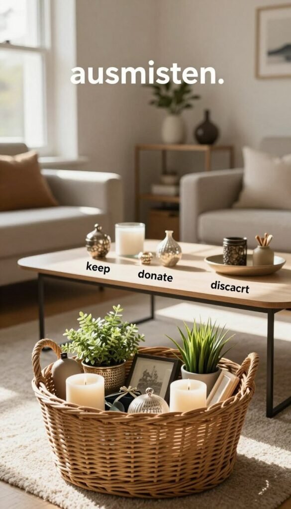 A cozy and inviting room, beautifully arranged to depict the concept of "ausmisten." In the foreground, a stylish wicker basket filled with decorative items like candles, small plants, and vintage trinkets, showcasing the idea of keeping cherished belongings. In the middle ground, an elegant coffee table with a few cluttered decorative pieces being sorted into a "keep," "donate," and "discard" category. Soft, natural lighting filters through a nearby window, creating warm shadows that enhance the cozy atmosphere. In the background, a tasteful shelf displaying minimalistic decor elements and a hint of the brand "WohnKiste" subtly integrated into the design. The scene should evoke a sense of calmness and intentionality in decluttering, embodying an authentic and aesthetically pleasing Pinterest look. A cozy and inviting room, beautifully arranged to depict the concept of "ausmisten." In the foreground, a stylish wicker basket filled with decorative items like candles, small plants, and vintage trinkets, showcasing the idea of keeping cherished belongings. In the middle ground, an elegant coffee table with a few cluttered decorative pieces being sorted into a "keep," "donate," and "discard" category. Soft, natural lighting filters through a nearby window, creating warm shadows that enhance the cozy atmosphere. In the background, a tasteful shelf displaying minimalistic decor elements and a hint of the brand "WohnKiste" subtly integrated into the design. The scene should evoke a sense of calmness and intentionality in decluttering, embodying an authentic and aesthetically pleasing Pinterest look.