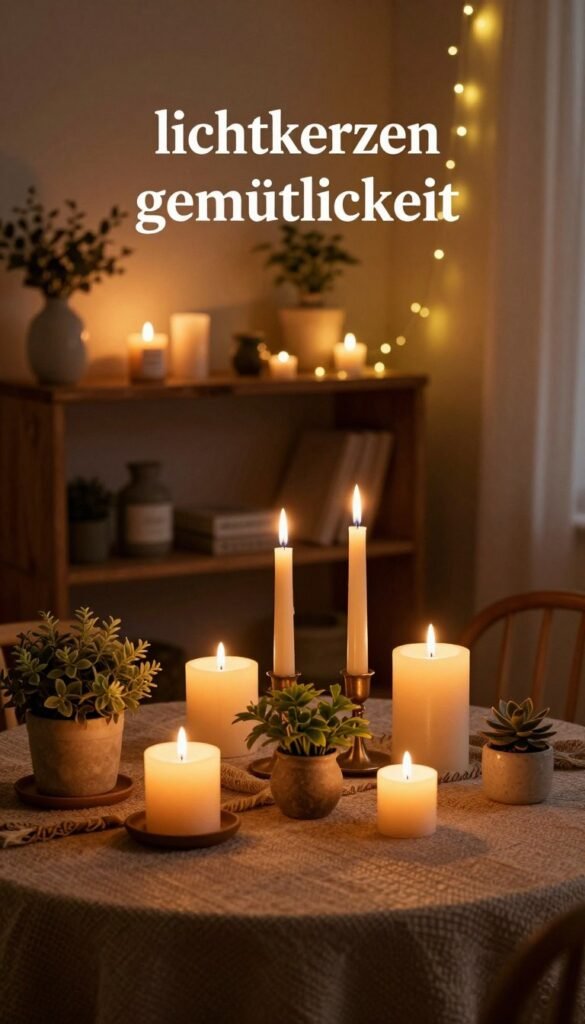 A cozy and inviting scene showcasing "licht kerzen gemütlichkeit" in a softly lit room. In the foreground, a beautifully arranged table with flickering candles of various heights, their warm glow casting gentle shadows. Rich textures like a woven tablecloth and a few small, lush plants enhance the feel of comfort. The middle ground features a stylish, rustic wooden shelf adorned with elegant candle holders and a few decorative items that highlight a Pinterest-inspired aesthetic. In the background, softly blurred, the warm glow of string lights creates a magical atmosphere, making the space feel intimate and stress-free. The overall palette is rich with warm colors like amber and golden hues, invoking a sense of calm and relaxation. Emphasize nature-inspired elements and authenticity, avoiding any text or branding in the image, while subtly integrating "WohnKiste" elements through decor style.