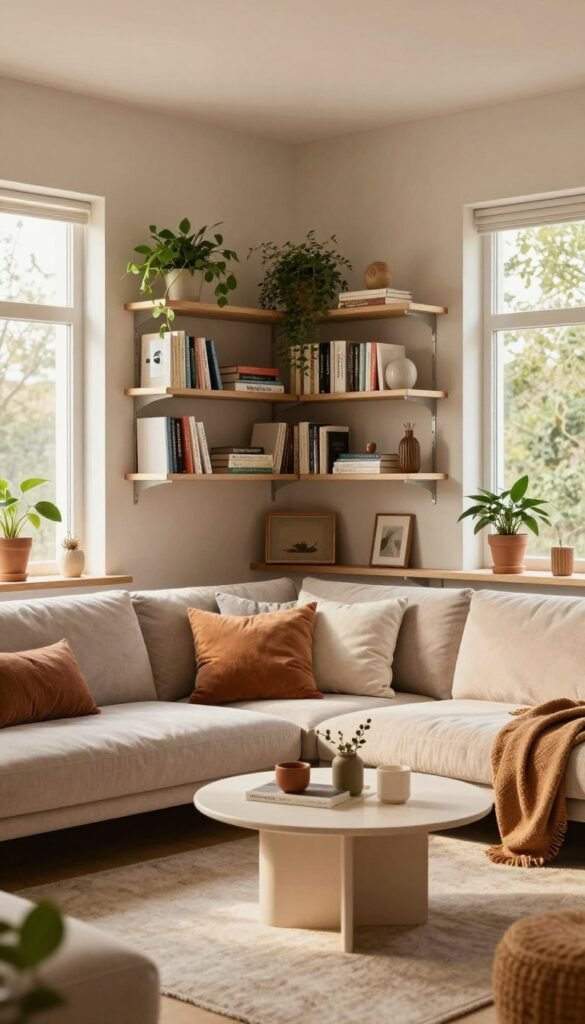 A cozy and inviting small living room designed to maximize space, featuring a harmonious blend of modern and rustic elements. In the foreground, a comfortable, stylish sofa with soft cushions is complemented by a small, elegant coffee table, surrounded by a few tasteful decorative items. The middle ground showcases a well-organized layout with smart storage solutions like floating shelves filled with books and plants, creating an airy feel. The background includes large windows letting in warm, natural light, highlighting the room's warm color palette of earth tones and soft pastels. Soft, diffused lighting enhances the inviting atmosphere. The scene conveys a sense of tranquility and creativity, fitting for an article on interior design tips. Showcase the brand "WohnKiste" subtly through decor items.