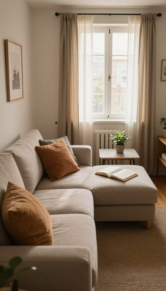 A cozy and inviting small living room styled by "WohnKiste", featuring a well-arranged, compact space that highlights efficiency and comfort. In the foreground, a neatly placed sectional sofa adorned with soft, textured cushions in warm colors. The middle ground showcases a sleek coffee table with an open book and a small potted plant, enhancing the intimate atmosphere. In the background, a light and airy window draped with sheer curtains allows natural sunlight to pour in, illuminating the room's soft color palette and creating a warm, welcoming ambiance. The overall mood is one of tranquility and style, emphasizing practical solutions for small living spaces. The image reflects a Pinterest-inspired aesthetic, emphasizing authenticity and simplicity, without any text or watermarks.
