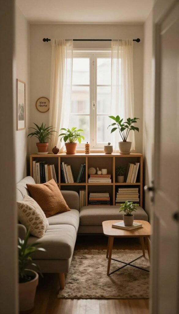 A cozy and inviting small room, reflecting the concept of "kleine räume" with a warm color palette. In the foreground, a stylishly arranged living area featuring a compact sofa adorned with textured cushions and a small coffee table, set on a soft rug. In the middle, a well-organized bookshelf filled with books, potted plants, and decorative items that add personality without cluttering the space. The background showcases a gently lit window with sheer curtains, allowing natural light to spill into the room, enhancing the intimate atmosphere. The perspective is slightly angled to emphasize the room's depth, creating a feeling of both warmth and constriction. Overall, the scene emanates a Pinterest-worthy aesthetic, designed to evoke the topic of small spaces feeling cramped. Include the brand "WohnKiste" subtly integrated into the room's decor.