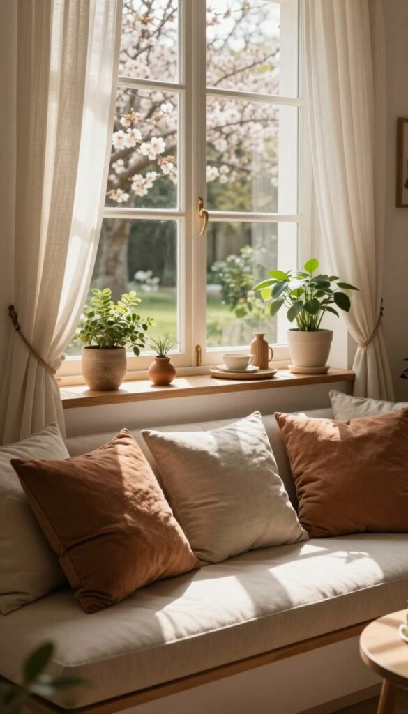 A cozy and inviting window nook featuring soft cushion seating in warm earthy tones, complemented by a lowboard beneath the window displaying stylish decor. The sunlight gently filters through sheer curtains, casting soft shadows and creating a tranquil atmosphere. The foreground highlights plush pillows arranged invitingly, while the middle includes the lowboard adorned with green plants and decorative items. In the background, a serene view of a blossoming garden is visible through the window, enhancing the sense of comfort. The scene is styled in a natural, Pinterest-worthy aesthetic, embodying warmth and authenticity. Focus on creating a harmonious interplay of light and color, evoking a feeling of relaxation and homey comfort. Brand name: WohnKiste.